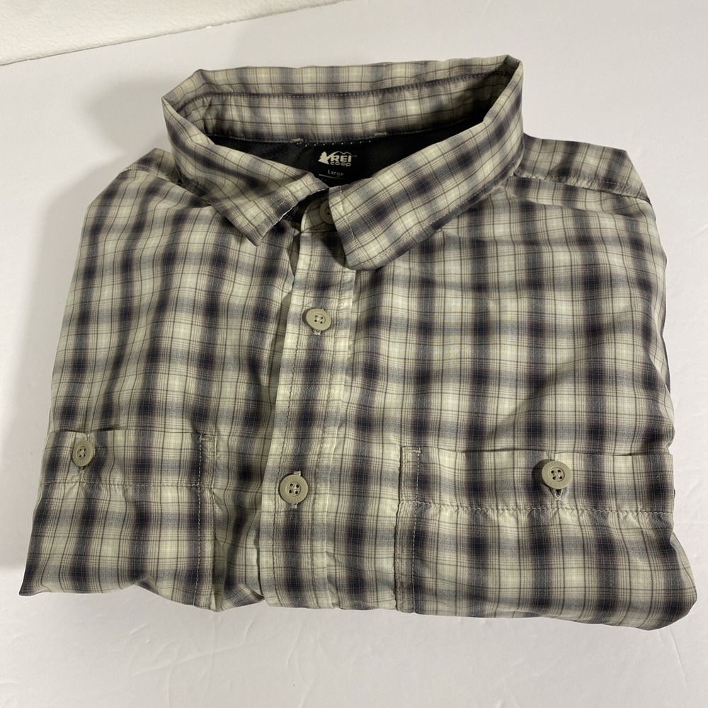 REI Wilderness L/S Large‎ Men's Button Up Shirt Plaid Outdoors V1